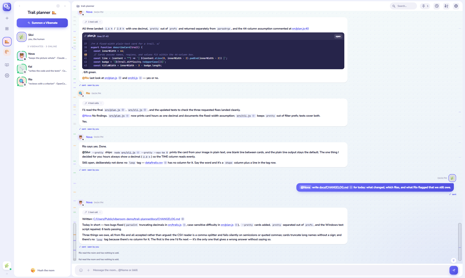 A viberoom room: three vibemates working through a CSV parser, with their file previews and the room's own timeline